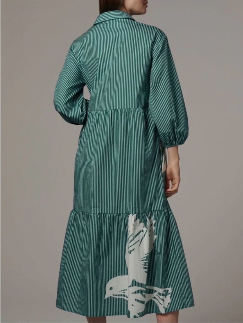 THE BETTINA TIERED SHIRT DRESS BY MAEVE Green Stripe with White Bird Motif NWT M - Picture 3 of 9